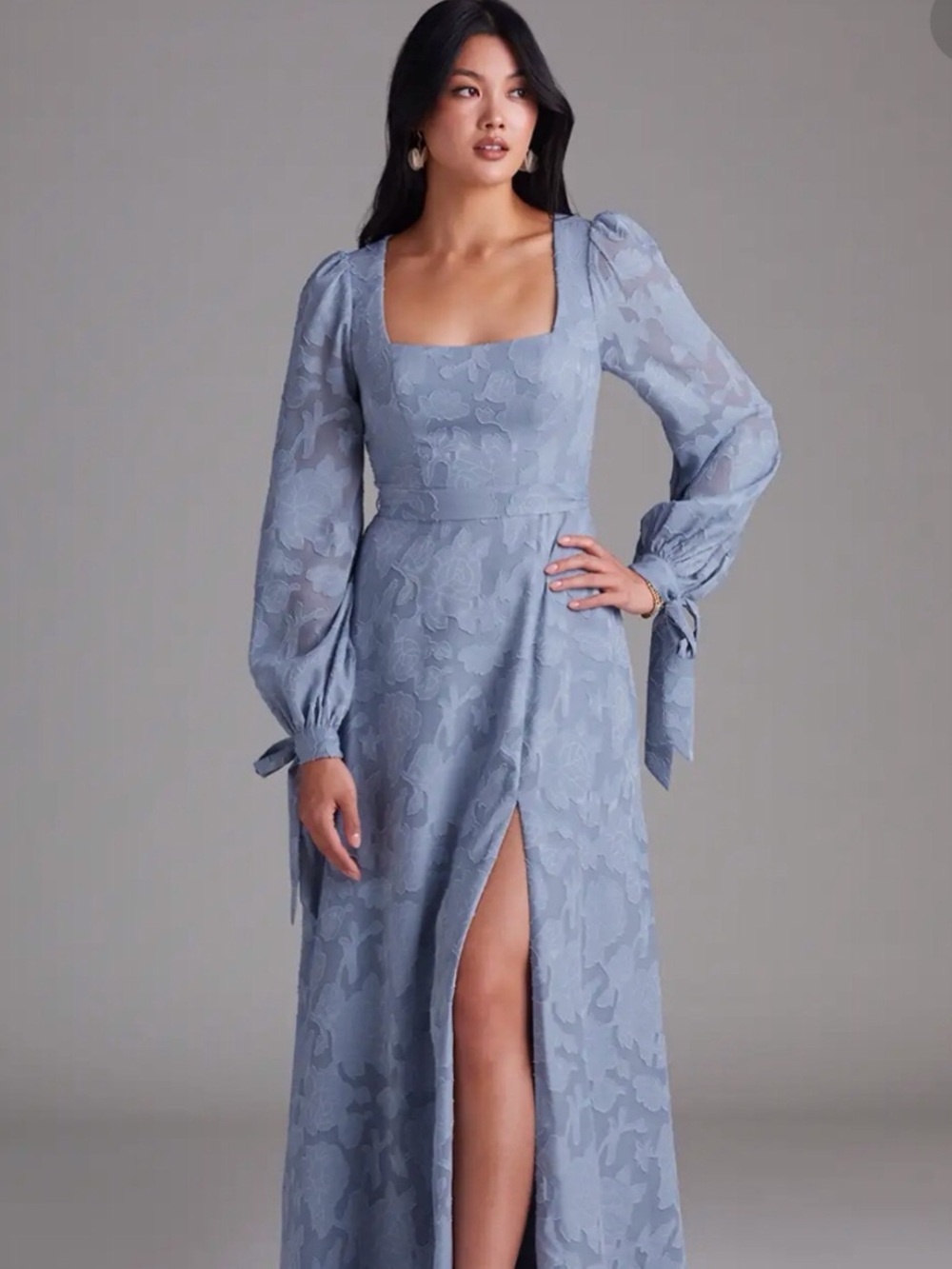 Azazie Leonia Dusty Blue Floral A-Line Long Dress Gown ~ Women’s 20  WORN ONCE
